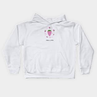 Cute strawberry and hearts with take a bite text Kids Hoodie